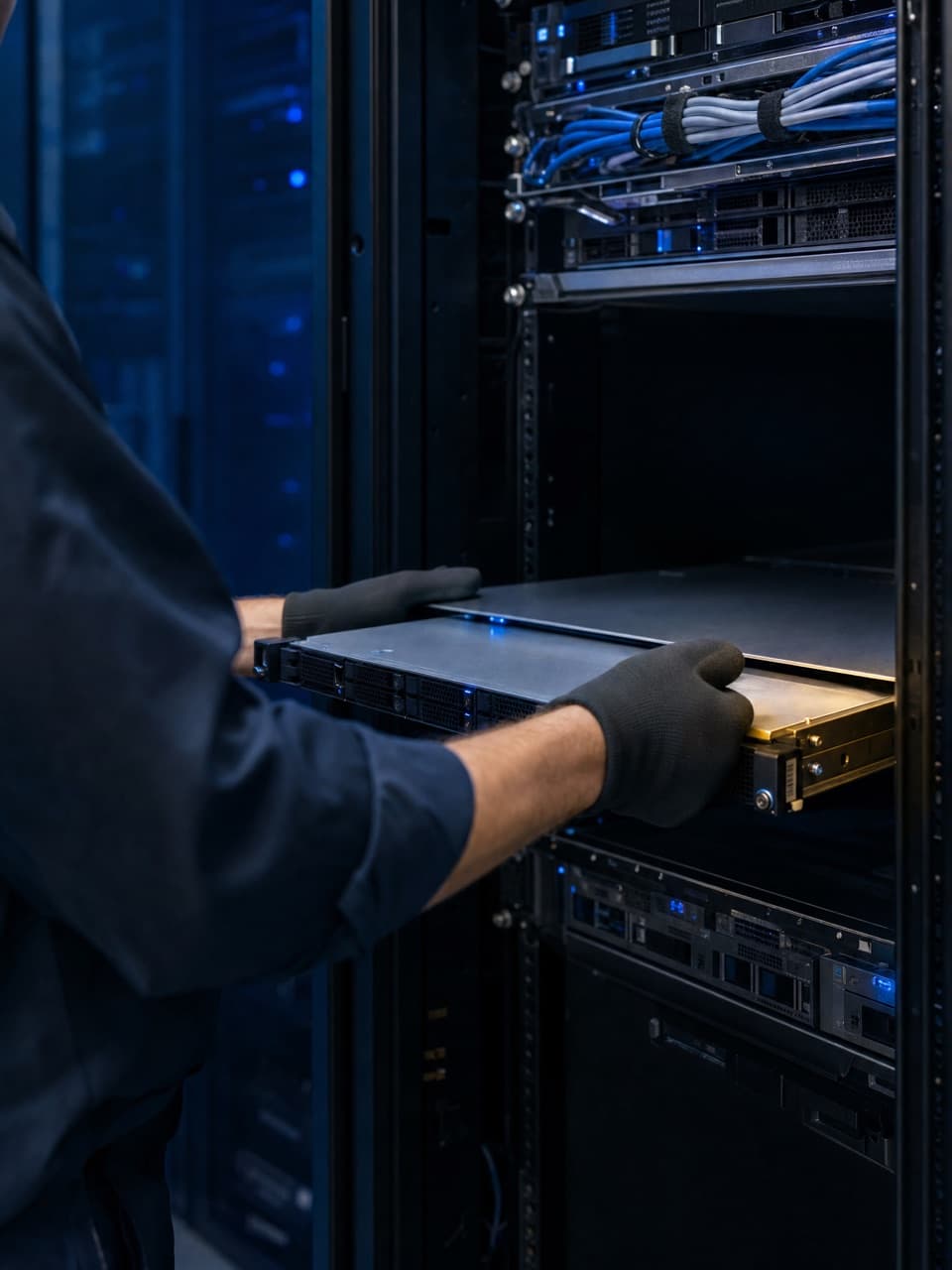 Veri merkezinde kabine rack sunucu yerleştiren teknisyen