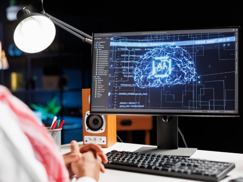 Yapay zeka altyapısı GPU sunucu ekranda sinir ağı görseli